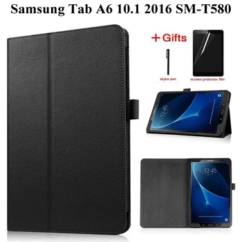 Slim Pliere Flip Litchi Piele PU Caz pentru Samsung Galaxy Tab Un A6 10.1 2016 T585 T580 SM-T580 T580N Funda Caz+Film+Pen