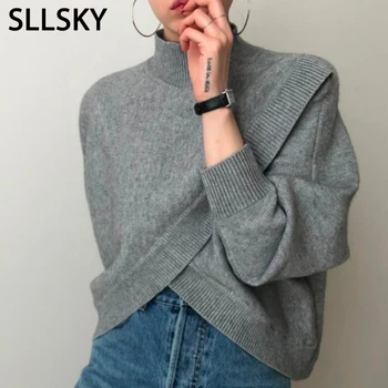Sllsky Jumătate-Femei guler Pulover Pulovere 2020 Toamnă Iarnă stil Vintage Cruce Split Liber Feminin Moale Tricotate Pulover