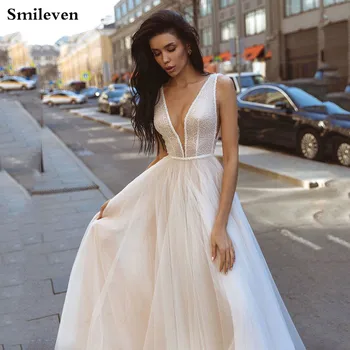 Smileven O Linie Rochie de Mireasa Strălucitoare Glitter Boho Rochii de Mireasa V Gâtului arabă Vestido De Noiva Rochii de Mireasa Personalizate