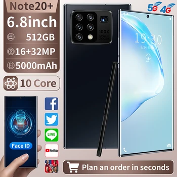 Snapdragon 865 Galxy N20+ 6.8 inch Ecran Complet 10-Core 12GB +512GB Smartphone-uri Android 2K Cinci Camera 5G LASA-Telefon Mobil