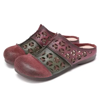 SOCOFY Femeile aflate în Dificultate Pantofi de Piele de Gol Plat Catâri Casual de Vara Sandale de Plaja Doamnelor Alunecare pe Rotund Toe Pantofi 2020