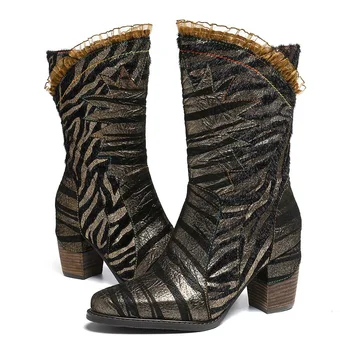 SOCOFY Moda de Metal Cizme de Culoare Zebra Model Cusut Dantelă Cizme cu Toc Elegant Doamnelor Pantofi Femei Botines Mujer 2020