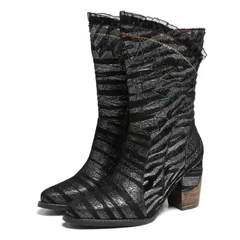 SOCOFY Moda de Metal Cizme de Culoare Zebra Model Cusut Dantelă Cizme cu Toc Elegant Doamnelor Pantofi Femei Botines Mujer 2020