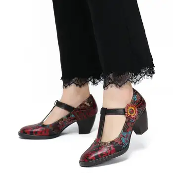 SOCOFY Retro Pompe de Cusaturi de Broderie Floare din Piele cu Fermoar Toc mic Pompe Pantofi Femei Pantofi Botas Mujer 2020