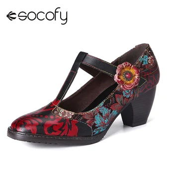 SOCOFY Retro Pompe de Cusaturi de Broderie Floare din Piele cu Fermoar Toc mic Pompe Pantofi Femei Pantofi Botas Mujer 2020