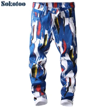 Sokotoo moda pentru Bărbați 3D model slim skinny tipărite blugi de culoare alb Albastru denim stretch pantaloni