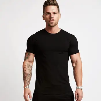 Solid Casual din Bumbac tricou Barbati Sală de Fitness Antrenament Skinny cu maneci Scurte T-shirt de sex Masculin Negru Sport tricou Topuri Haine de Vară