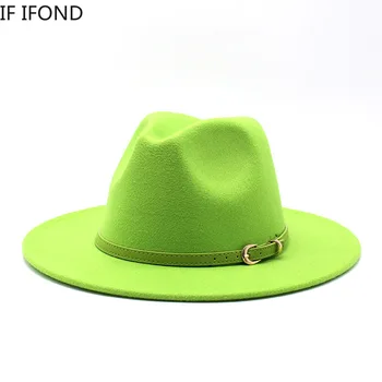 Solid De Culoare Verde Lână Simțit Pălării Fedora Femei Bărbați Margine Largă De Jazz Pălărie Rochie De Petrecere Pălărie Trilby Nunta Pălărie