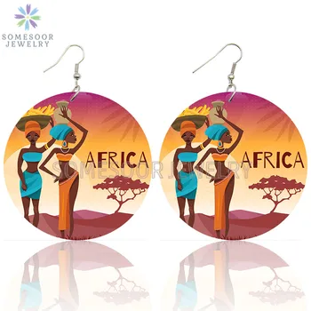 SOMESOOR Afrocentric Etnice, Tribale Cântări de Arte Tipărite de Lemn Picătură Cercei Tobe Africane Cultura Modele de Bucle Pentru Femei Cadouri