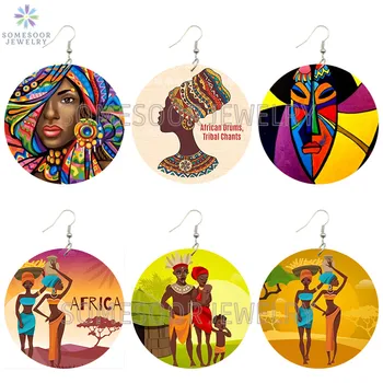 SOMESOOR Afrocentric Etnice, Tribale Cântări de Arte Tipărite de Lemn Picătură Cercei Tobe Africane Cultura Modele de Bucle Pentru Femei Cadouri