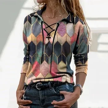 SONDR Femei Maneca Lunga V Gât Geometrice Imprimare Bluza Vinrage Tricou Vrac Primavara Casual Pulover Doamnelor Elegante, Topuri Plus Dimensiune