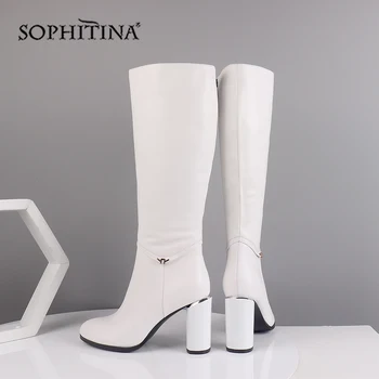 SOPHITINA Femei Cizme de Iarna din Piele Genunchi-Mare Rotund Deget de la picior Mare Rotund Tocuri Cizme Lungi din Metal Decor Fermoar Pantofi BA7