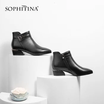 SOPHITINA Femei Elegante Cizme Metal Decor Subliniat de la Picior Toc Pătrat Pantofi de Iarna din Piele Med Toc Doamnelor Cizme PO233