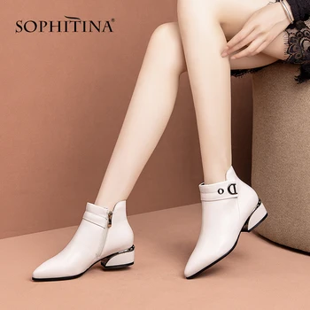 SOPHITINA Femei Elegante Cizme Metal Decor Subliniat de la Picior Toc Pătrat Pantofi de Iarna din Piele Med Toc Doamnelor Cizme PO233