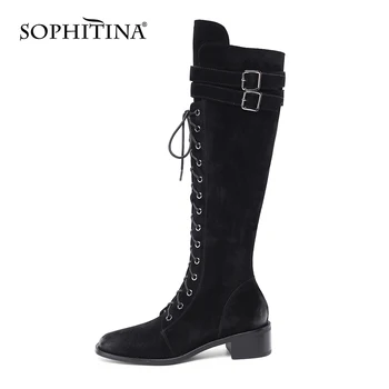 SOPHITINA Femei pe Genunchi-Cizme Înalte de Moda Premium din Piele Eco-Legat Square Toe Pantofi Stil Britanic Primavara Toamna Pantofi de damă SO810
