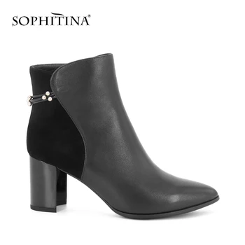 SOPHITINA Nou Piele Glezna Cizme a Subliniat Toe Toc Pătrat Mare Moda cu Fermoar pentru Femei Pantofi de Toamna Metal Decor Cizme B91