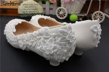 Sorbern ștrasuri din Mărgele Curea Glezna Pantofi de Nunta Dantelă Flori Doamnelor Tocuri Joase Pantofi de Mireasa Pompe de Femei Pantofi 5Cm/8Cm Alb Tocuri