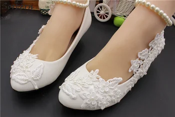 Sorbern ștrasuri din Mărgele Curea Glezna Pantofi de Nunta Dantelă Flori Doamnelor Tocuri Joase Pantofi de Mireasa Pompe de Femei Pantofi 5Cm/8Cm Alb Tocuri