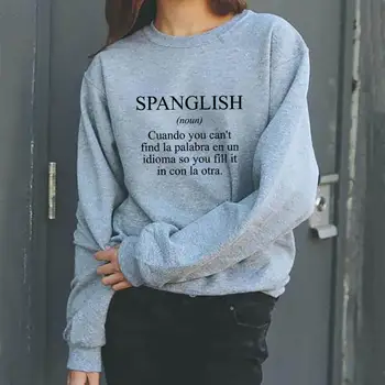 Spanglish spaniolă Litere Tipărite Femei din Bumbac Tricouri Noi Amuzant Casual, Mexican, O-Neck Pulover Maneca Lunga Topuri