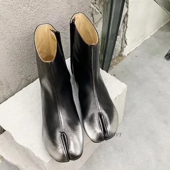 Spray cu vopsea argintie split toe pantofi femei indesata mijlocul toc retro glezna botas porc trotter potcoavă cizme scurte de sex feminin 2020 pista
