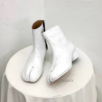 Spray cu vopsea argintie split toe pantofi femei indesata mijlocul toc retro glezna botas porc trotter potcoavă cizme scurte de sex feminin 2020 pista