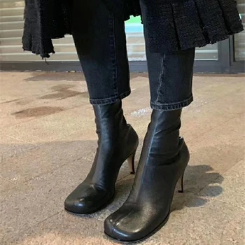 Square toe cu toc ghete femei din piele subțire glezna cizme sexy întinde de toamnă sexy 2020 pista pantofi pentru fete
