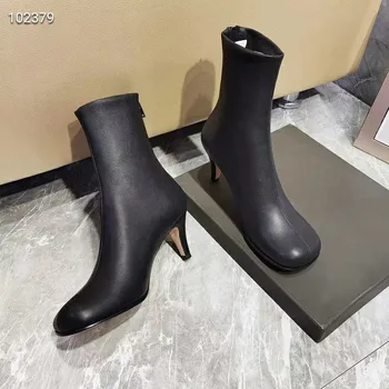 Square toe cu toc ghete femei din piele subțire glezna cizme sexy întinde de toamnă sexy 2020 pista pantofi pentru fete