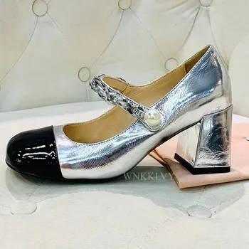 Square toe tocuri Indesata Unic pantofi Femei din piele de brevet culori amestecate lanț de metal pearl decor pompe Pista de petrecere, pantofi