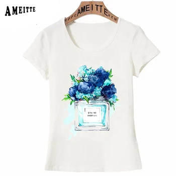 Sticla de parfum Acuarelă Pictate manual Cu Mov /Roz/Albastru Flori T-Shirt Vogue Femei T-shirt de Moda de Strada Fata Teuri Topuri
