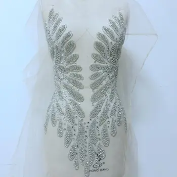 Sticla lucrate manual aplicatiile de strasuri pe nud plasă de argint coase pe cristal trim patch-uri de corp plin pentru rochie