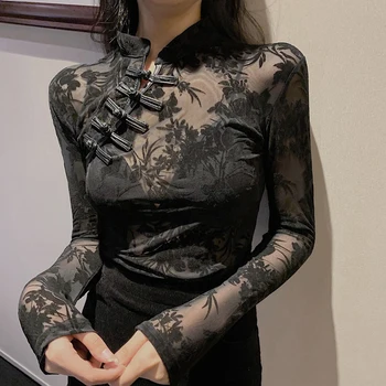 Stil chinezesc Tradițional de Îmbrăcăminte Rochie Qipao Moda Dantelă Neagră a se Vedea-prin partea de Sus Cheongsam Gotic Sexy Femei Subțire Bluza Hanfu