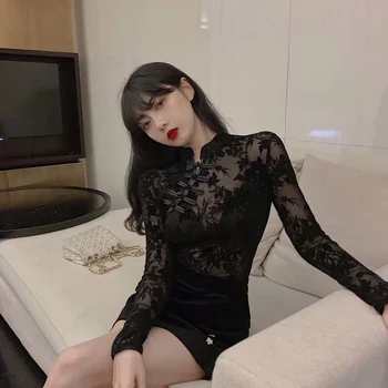 Stil chinezesc Tradițional de Îmbrăcăminte Rochie Qipao Moda Dantelă Neagră a se Vedea-prin partea de Sus Cheongsam Gotic Sexy Femei Subțire Bluza Hanfu