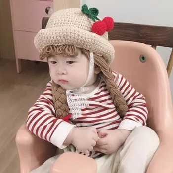 Stil coreean Copil Pălărie de Soare Băieți și Fete, Tricotate Impleti Drăguț Bowknot Cherry Decor Dom 48-52CM de Înaltă Calitate Accesorii Pălării