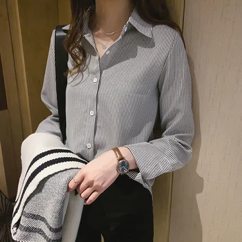 Stil Coreean Grupa De Munca Office Lady Shirt Topuri De Moda Cu Dungi Pentru Femei Camasa Maneca Lunga Rândul Său, În Jos Guler Toamna Bluze 7459 50