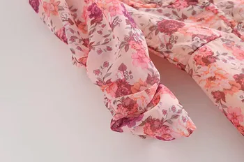 Stil francez V gât Floare Roz cu Maneci Scurte Split Rochie Tiv Fantă Slim Fit Femei Puff maneca Maxi Lung de Ceai Rochii Vestidos