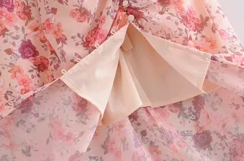Stil francez V gât Floare Roz cu Maneci Scurte Split Rochie Tiv Fantă Slim Fit Femei Puff maneca Maxi Lung de Ceai Rochii Vestidos
