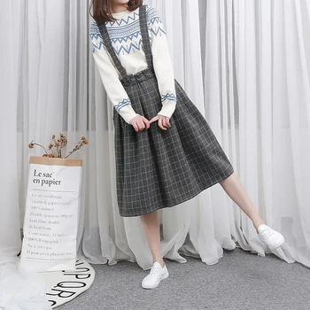 Stil japonez Fată Școală de Iarnă Lână Carouri Suspensor Fusta Talie Elastic filtru de CAFEA/GRI