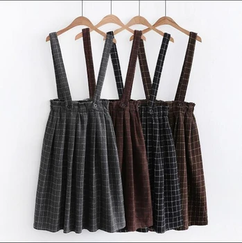 Stil japonez Fată Școală de Iarnă Lână Carouri Suspensor Fusta Talie Elastic filtru de CAFEA/GRI