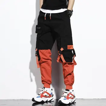 Stil Japonez, Moda Barbati Blugi Se Potrivesc Vrac Negru De Culoare Portocalie Îmbinat Designer De Pantaloni De Marfă Streetwear Hip Hop Jogging Pantaloni Pentru Bărbați