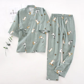 Stil japonez Pereche de Pijamale de Primăvară și de Toamnă Bărbați și Femei Pijama de Criptare din Bumbac Tifon Kimono Haine de Acasă