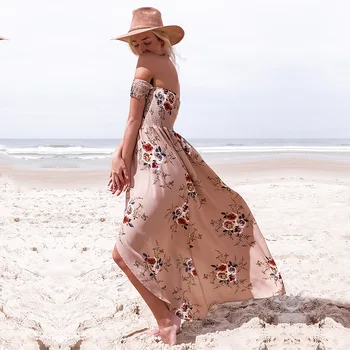 Stilul Boho chic rochie lunga pentru femei de Pe umăr plaja rochie de vara cu print Floral Vintage șifon alb rochie maxi vestidos de festa