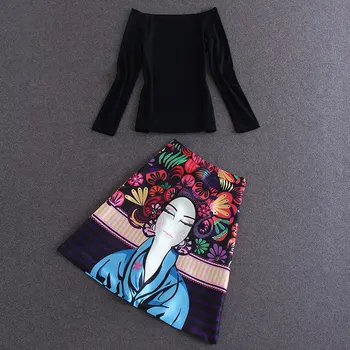 Strada mare Designer de Haine pentru Femei Negru Slash Guler Bluza +2 Piese Colorate de Desene animate Imprimate Fusta Set