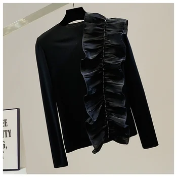 Stras Lanț Tricou Femei Stereo Ciuperca Slim Fit T-Shirt Femei La Modă De Toate-De Potrivire De Top De Bază Alb-Negru