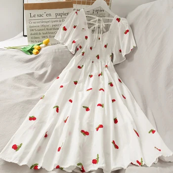 Strawberry Dress Cherry Lenjerie De Pat Boho Vintage Square Gât Rochie De Vara Femei Broderie Plajă Elegante, Rochii Midi 2020 Coreean Halat
