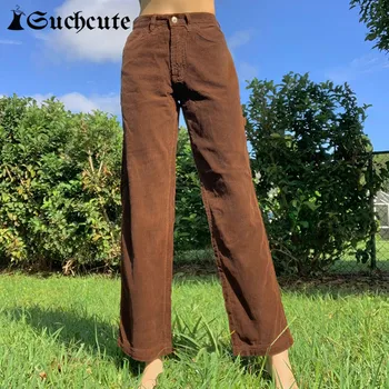 SUCHCUTE Femei Y2K Vintage de Catifea Pantaloni cu Talie Înaltă Feminin Largi Picior Pantaloni Streetwear 90 Tinutele Casual Pantaloni Maro