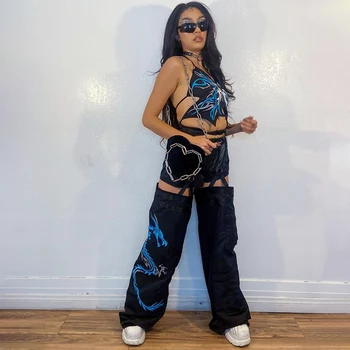SUCHCUTE Goth Estetice Tipărite Femei Pantalonii cu Talie Înaltă Stilul Punk Gol Afară de Pantaloni de Moda Streetwear 90 Tinutele