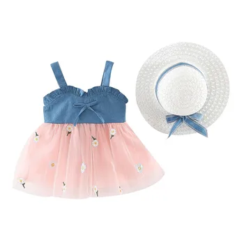 Sugar baby girl haine de vară 2019 rochii vestido Copii Copilul Fată fără Mâneci Curea de Arc de Flori Tul Rochii de Printesa Pălărie