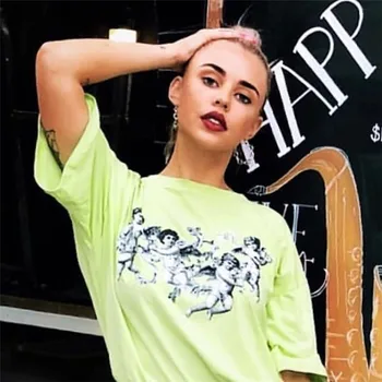 Sunfiz HJN Înger Print Lime Neon Verde Tricou Patru Heruvim Femei Topuri de Vara Streetwear Casual Vintage Supradimensionate Grafic Tees