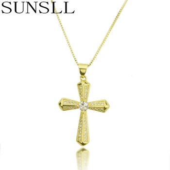 SUNSLL Nou aur colier de cupru Cubic Zirconia Cruce colier pentru femei de Moda religioasă unică de bijuterii pandantiv colier cadouri