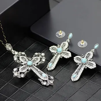 Sunspicems Epocă Cruce Picătură Cercei Colier Set de Bijuterii pentru Femei Epocă de Aur de Argint de Culoare Rășină Bijoux Religioase Cadou